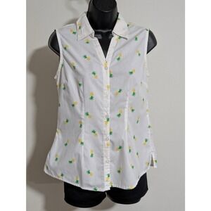 Basic Editions Pineapple Print Sleeveless Button Down Shirt Blouse Top Small